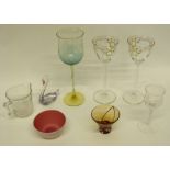 Group of glasswares including a large wine glass with green coloured ripple design (repair to base),