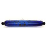 Nailsea type blue glass rolling pin with inscription "A present from a dear friend" dated 1861, 40cm