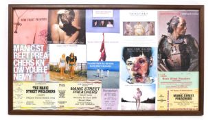 A framed collage of Manic Street Preachers memorabilia to include original gig tickets, sleeve