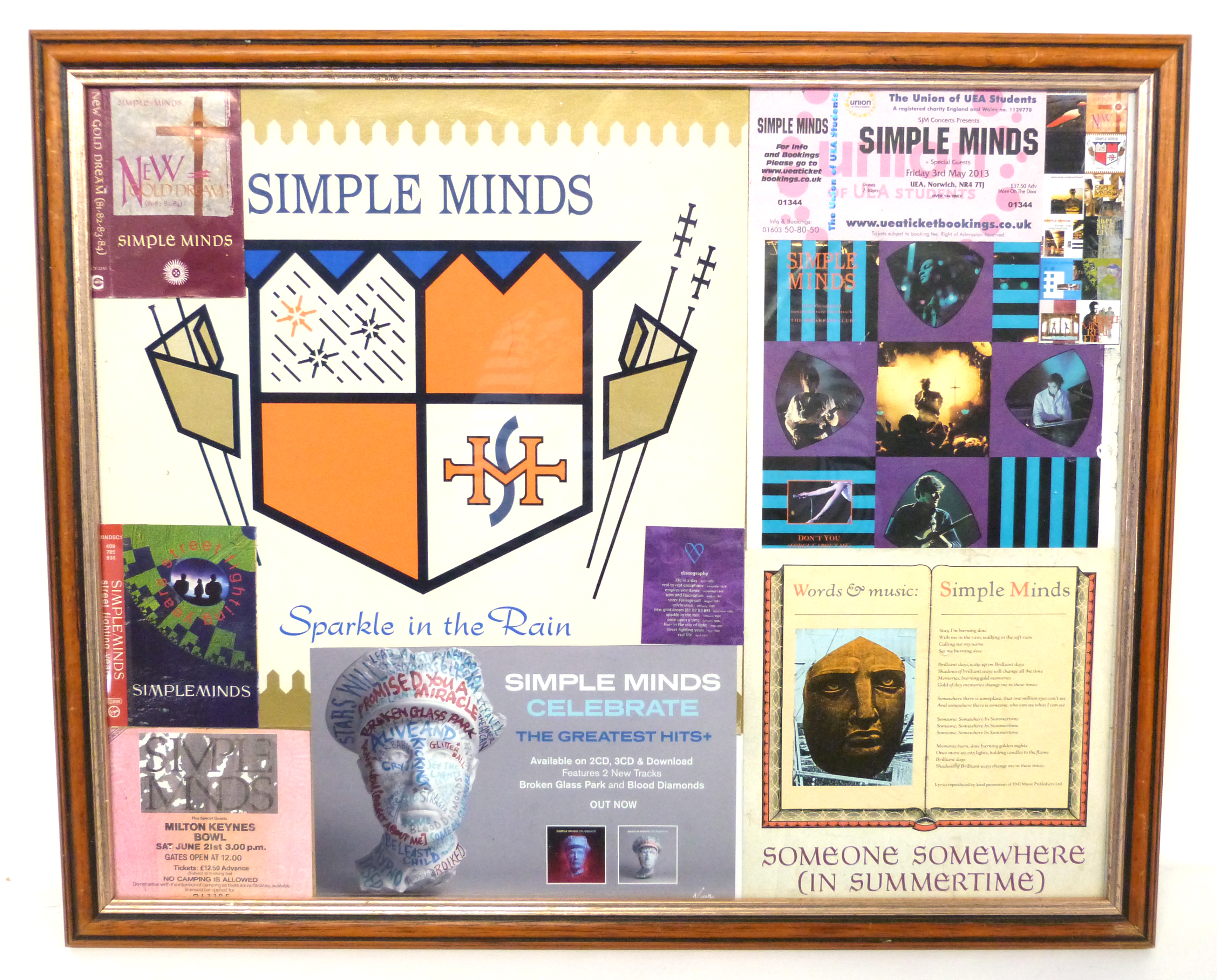 A Simple Minds collage of memorabilia with original gig ticket