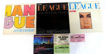 Three Human League LPs and a single plus 3 original gig tickets. Condition VG to VG+.