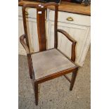STAINED WOOD UPHOLSTERED ARMCHAIR, WIDTH APPROX 53CM
