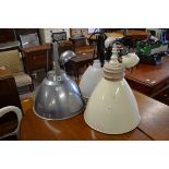 THREE VARIOUS INDUSTRIAL STYLE LIGHT FITTINGS, LARGEST DIAM APPROX 40CM