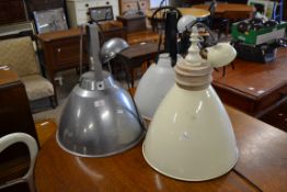 THREE VARIOUS INDUSTRIAL STYLE LIGHT FITTINGS, LARGEST DIAM APPROX 40CM