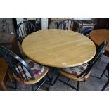 MODERN CIRCULAR KITCHEN TABLE, DIAM APPROX 106CM TOGETHER WITH FOUR MATCHING STICK BACK CHAIRS