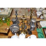 METAL WARES, PEWTER TANKARDS, BRASS CANDLESTICKS ETC