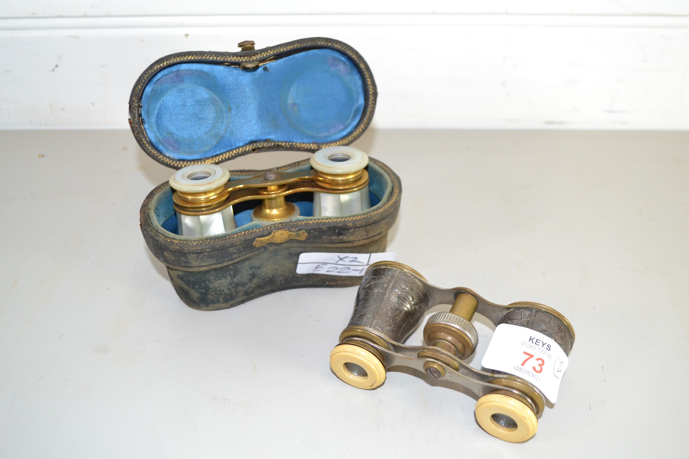 PAIR OF OPERA GLASSES, WITH ORIGINAL CASE, AND FURTHER PAIR OF GLASSES WITH MOTHER OF PEARL INLAY