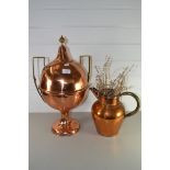 LARGE COPPER VASE AND COVER AND FURTHER COPPER JUG