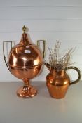 LARGE COPPER VASE AND COVER AND FURTHER COPPER JUG