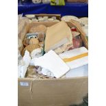 BOX OF VARIOUS FABRICS AND DOLLS AND DOLLS CLOTHING