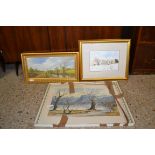 THREE VARIOUS PICTURES, OIL, SIGNED BRIAN CONNOLEL - MAN FISHING, WATERCOLOUR LINKS HOTEL BY