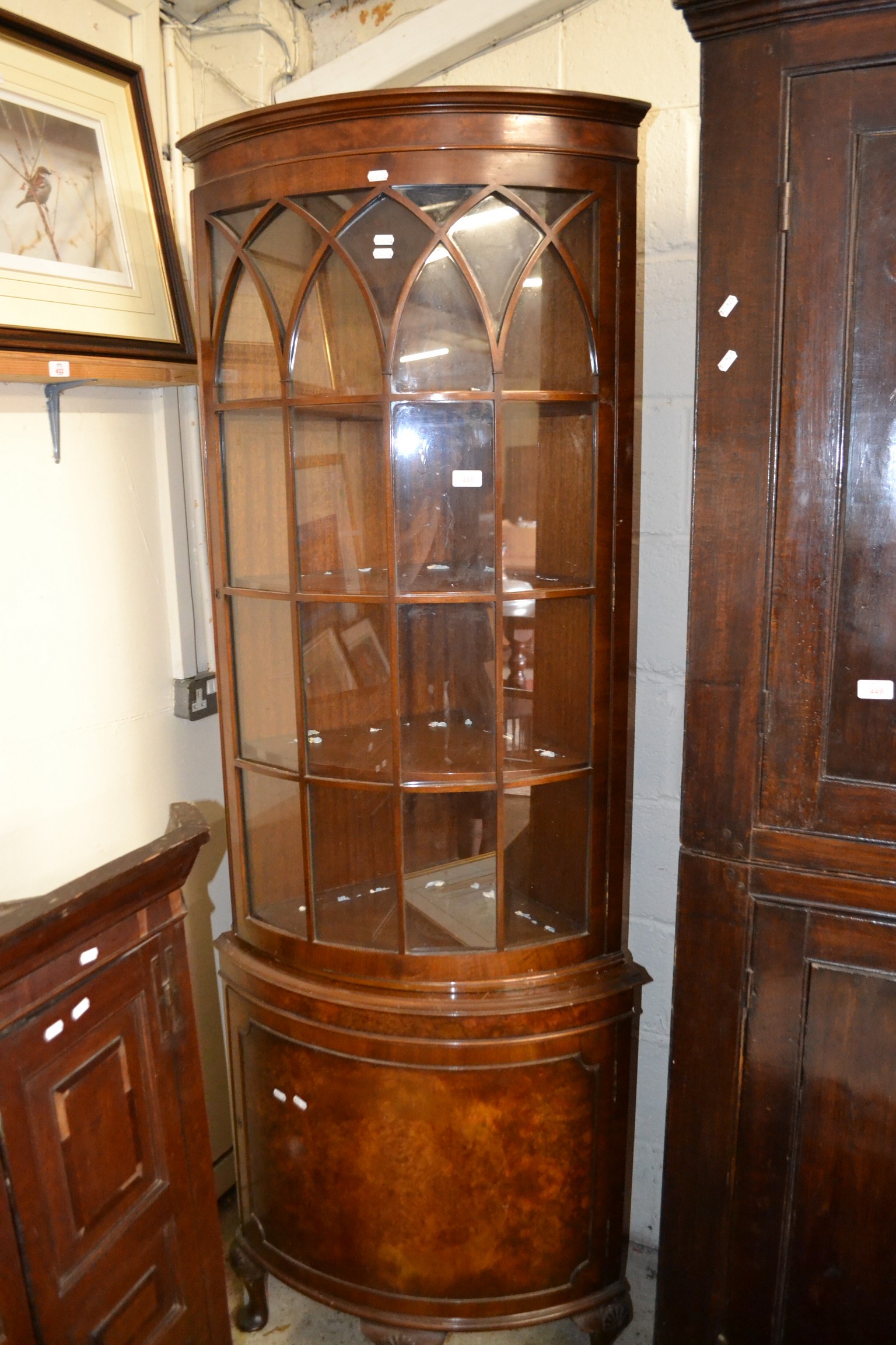 BOW FRONT ASTRAGAL GLAZED CORNER DISPLAY UNIT, WIDTH APPROX 68CM MAX