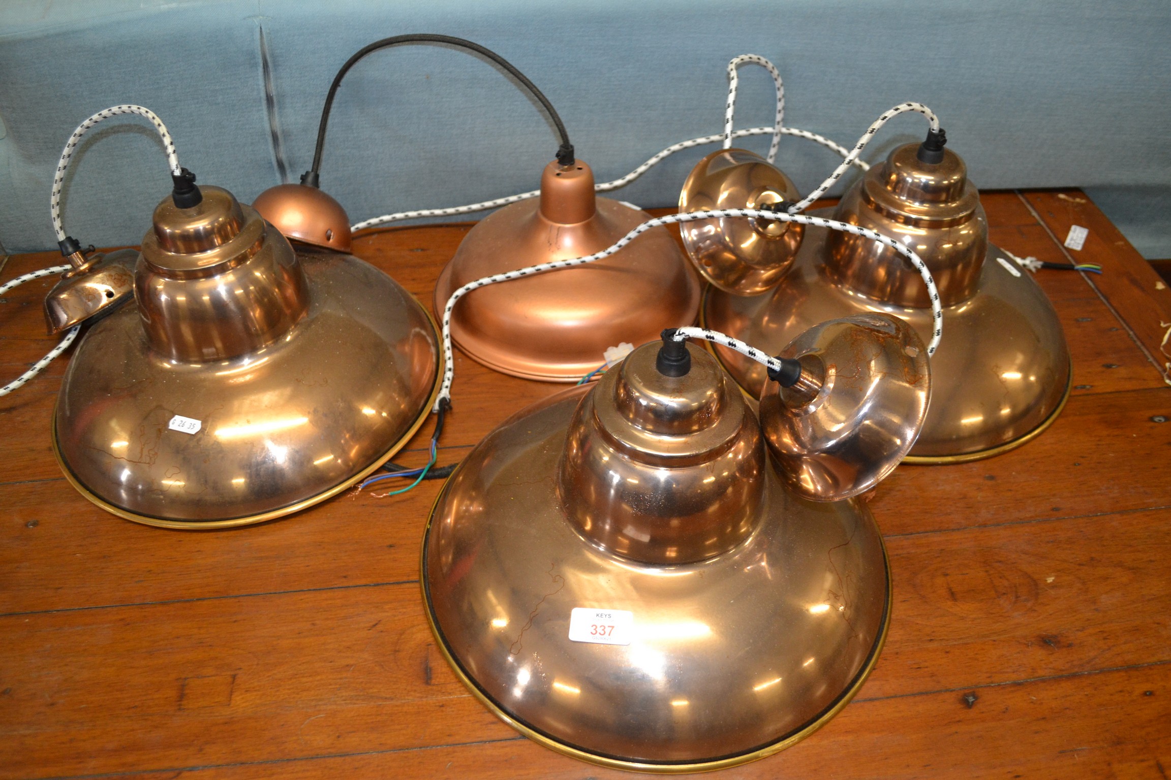 SET OF THREE INDUSTRIAL STYLE PENDANT LIGHT FITTINGS, EACH APPROX 35CM, TOGETHER WITH ONE SMALLER