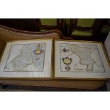 TWO REPRODUCTION FRAMED SAXTON'S MAPS NORTHUMBERLAND AND DERBYSHIRE, EACH FRAME SIZE APPROX 69CM