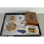 SMALL BOX OF VARIOUS CERAMICS, PIN TRAYS, WOODEN MUSIC BOX