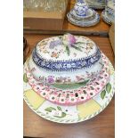KITCHEN WARES INCLUDING A LARGE TUREEN, LARGE PLATE DECORATED WITH FRUIT