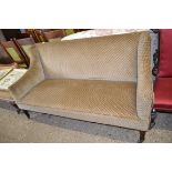 LATE 19TH/EARLY 20TH CENTURY MAHOGANY FRAMED SETTEE RAISED ON TURNED LEGS, APPROX 163CM