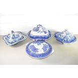 FOUR BLUE AND WHITE TUREENS AND COVERS