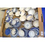 TRAY CONTAINING BLUE AND WHITE WARES, MAINLY CUPS AND SAUCERS AND BLUE AND WHITE TEA POT