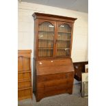 EARLY 20TH CENTURY OAK FALL FRONT BUREAU BOOKCASE, PLAIN GLAZED BOOKCASE OVER TYPICAL FALL FRONT