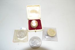 SMALL CAMEO, TOGETHER WITH COINS