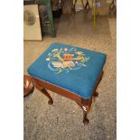 UPHOLSTERED STAINED WOOD PIANO STOOL WITH PAD FEET AND NEEDLEWORK DECORATION, APPROX 46 X 36CM