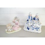 PORCELAIN GROUP OF BLUE AND WHITE COUPLE TOGETHER WITH A PORCELAIN MODEL OF A YOUNG GIRL