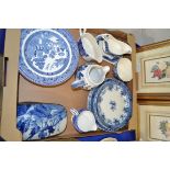 TRAY CONTAINING BLUE AND WHITE KITCHEN CERAMICS, PLATES, JUGS ETC