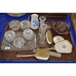 TRAY CONTAINING VARIOUS GLASS WARES, HAIR BRUSHES ETC