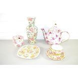 ROYAL WINTON TEA POT, SQUARE BOWL AND COVER AND CUP AND SAUCER IN FLORAL DESIGN