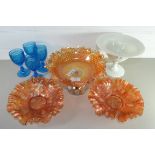 CRANBERRY WARES, PLATES WITH GRAPE AND LEAF DESIGN, FOUR BLUE COLOURED WINE GLASSES
