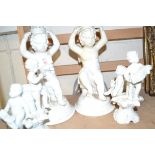 TWO WHITE PORCELAIN CANDLEHOLDERS MARKED T GOOD & CO AND TWO FURTHER SMALL WHITE PORCELAIN FIGURES