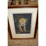 FRAMED STEPHEN TOWNSEND SIGNED PRINT OF A LEOPARD CUB, APPROX 55CM WIDE