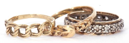 Mixed Lot: 9ct gold buckle ring, a 375 stamped pierced rope design ring together with a paste set