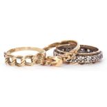 Mixed Lot: 9ct gold buckle ring, a 375 stamped pierced rope design ring together with a paste set