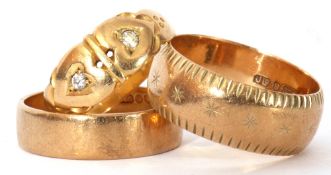 Mixed Lot: two 9ct gold wedding rings, 8gms, together with an antique mid-grade yellow metal ring