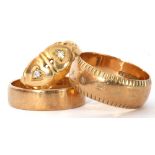 Mixed Lot: two 9ct gold wedding rings, 8gms, together with an antique mid-grade yellow metal ring