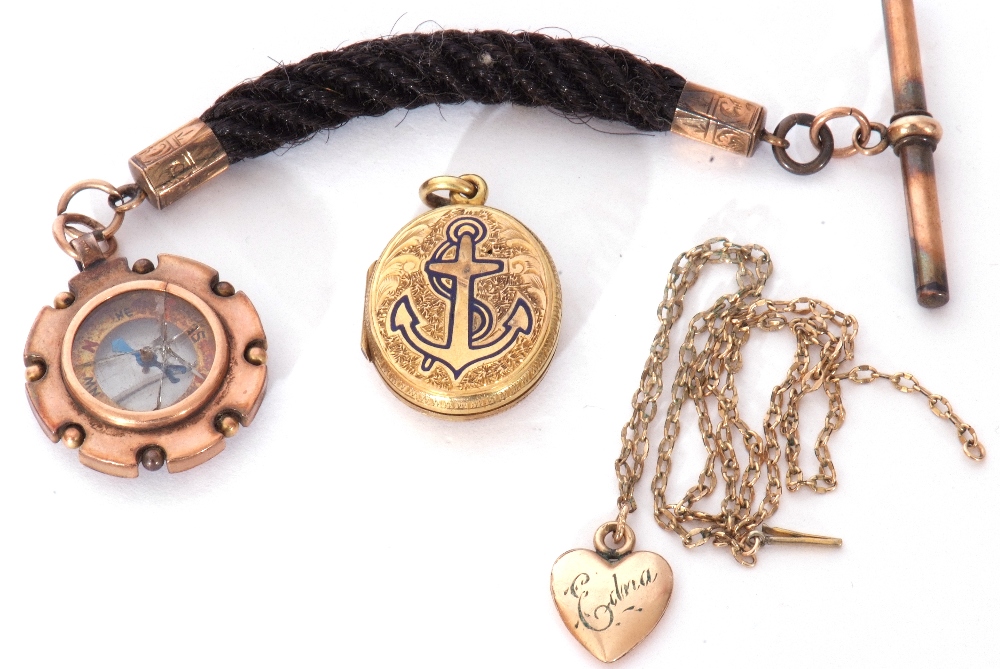 Mixed Lot: 9ct gold compass pendant on a braided hair chain, with 9ct stamped caps and T-bar (a/ - Image 3 of 3