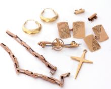 Mixed Lot: pair of 9ct gold cuff links, a pair of 9ct stamped creole earrings, a yellow metal cross,