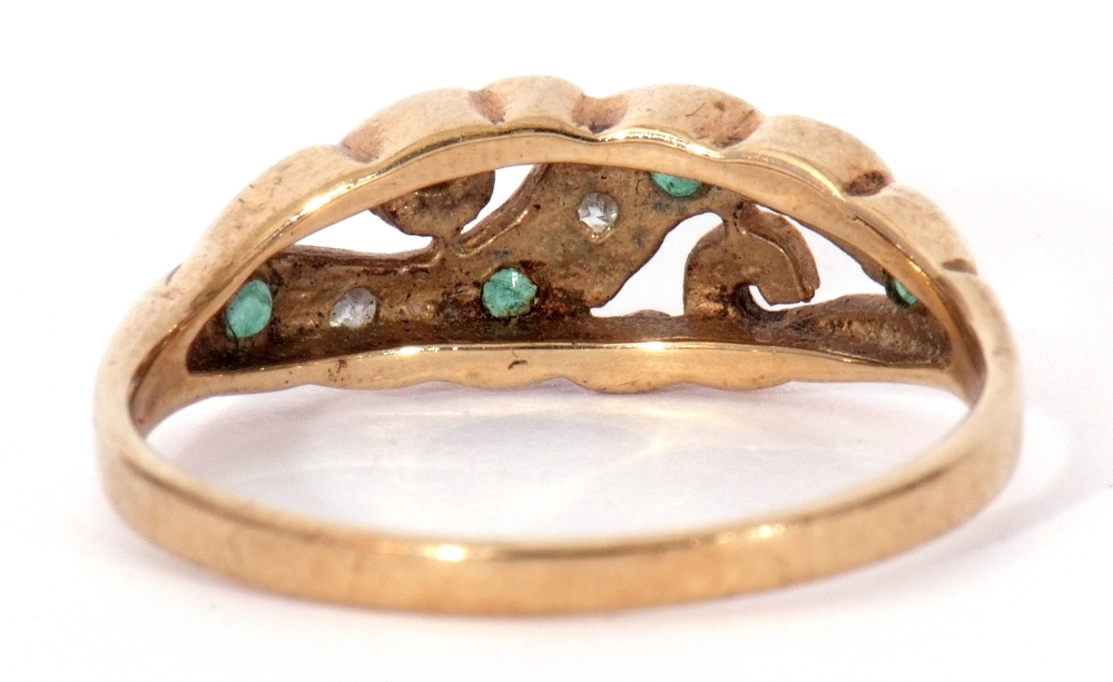 9ct gold emerald and diamond ring, the pierced carved mount alternate set with four small emeralds - Image 4 of 7