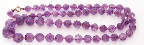 Amethyst bead necklace, a single row of graduated faceted beads, 7mm to 15mm diam