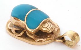 Mid-grade yellow metal and blue enamelled Egyptian scarab beetle pendant, 25mm long, 5.6gms g/w