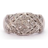 9ct white gold and diamond cluster ring, the openwork floral panel set throughout with small diamond