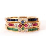 Three modern stacking rings, sapphire, ruby and emerald set, each highlighted with small diamonds,