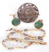 Mixed Lot: pair of carved jade disc earrings in gilt metal frames, a freshwater pearl necklace (