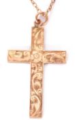 9ct stamped cross pendant, chased and engraved scroll decorated front, 35 x 22mm