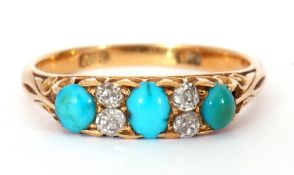 Antique turquoise and diamond ring featuring three graduated oval cabochon turquoises highlighted