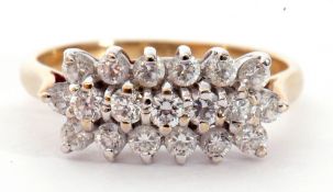 9ct gold cubic zirconia cluster ring, featuring three rows of cubic zirconia, all in basket mount,