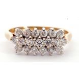 9ct gold cubic zirconia cluster ring, featuring three rows of cubic zirconia, all in basket mount,