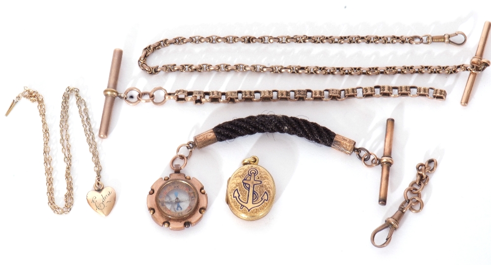 Mixed Lot: 9ct gold compass pendant on a braided hair chain, with 9ct stamped caps and T-bar (a/
